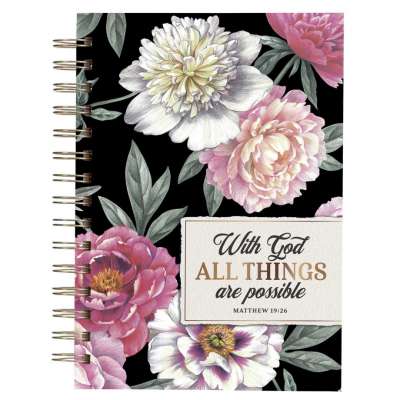 All Things Black Floral Large Hardcover Wirebound Journal - Matthew 19:26